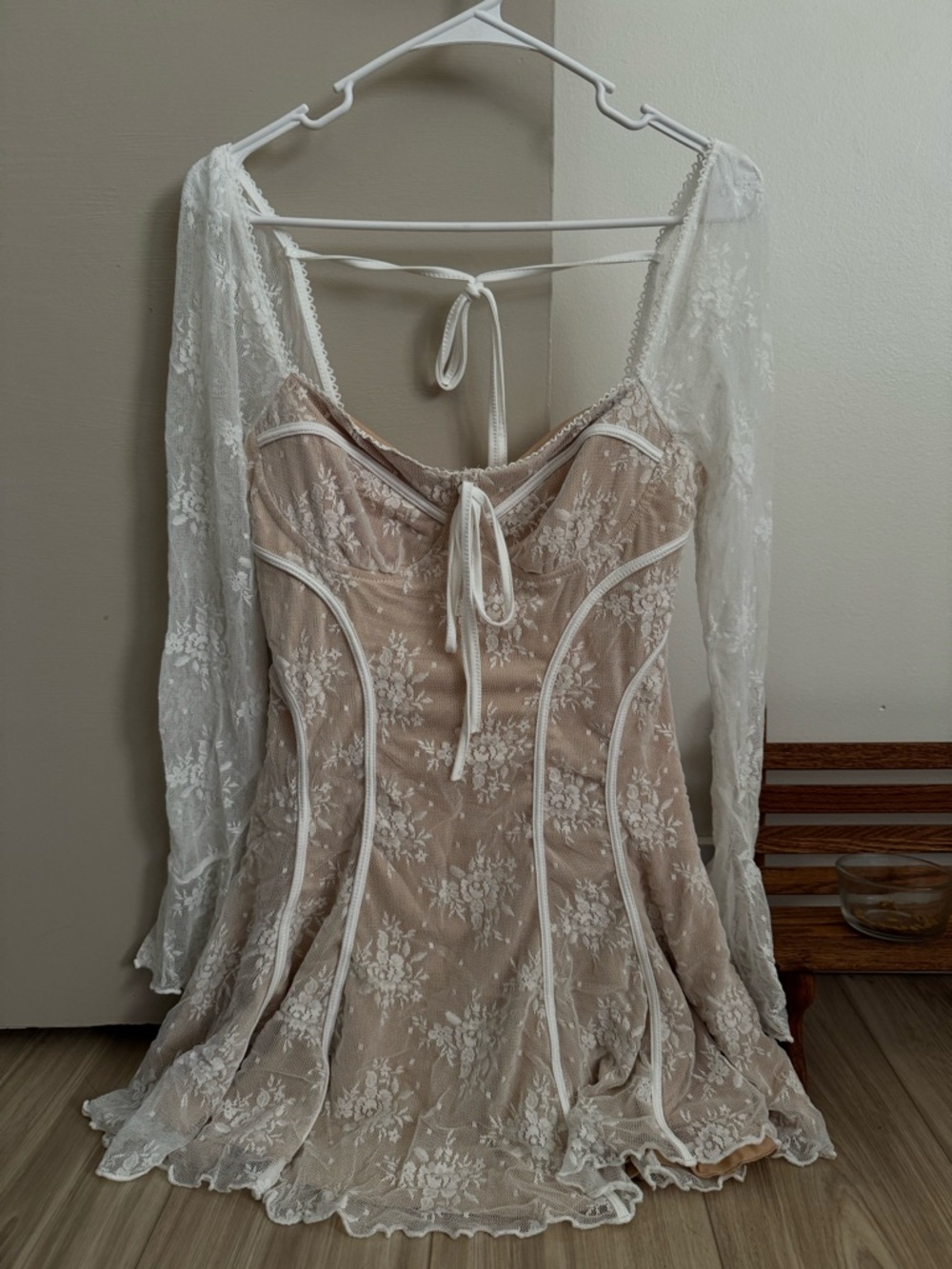 SHEIN Beige and White Floral Lace Mini Dress